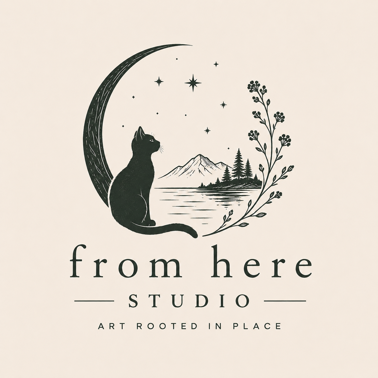 From Here Studio — a cat resting in a crescent moon above a Pacific Northwest landscape of mountains, a lake, and pines, framed by wildflowers